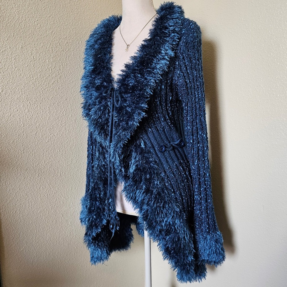 Shana K Teal Blue Eyelash Knit Faux Fur Trim Tie Front Cardigan Sweate